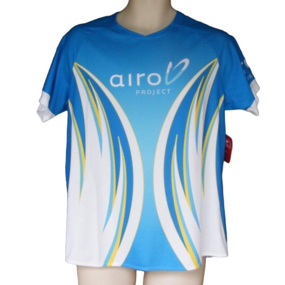new!! SUGOI Tech Shirt, XL, Exersize, Raglan Short sleeves, Blue/White/Yellow